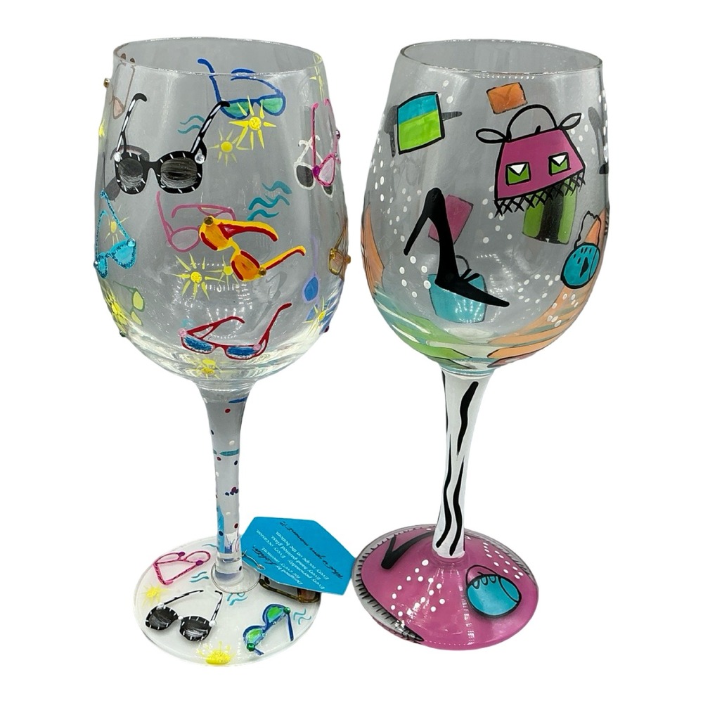 Lolita Hand Painted Wine Glasses Sunglass Cooler & Shopaholic Too Set of 2
